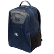 The EMB Canterbury Holy Cross Medium Backpack features a navy blue design, front zipper pocket, side mesh pocket, and "HC" logo on the front.
