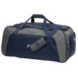 The Holy Cross Holdall Duffle Bag by EMB Canterbury is a spacious navy and gray bag with a shoulder strap, zip compartments, and a small side logo—ideal for carrying your rugby gear.
