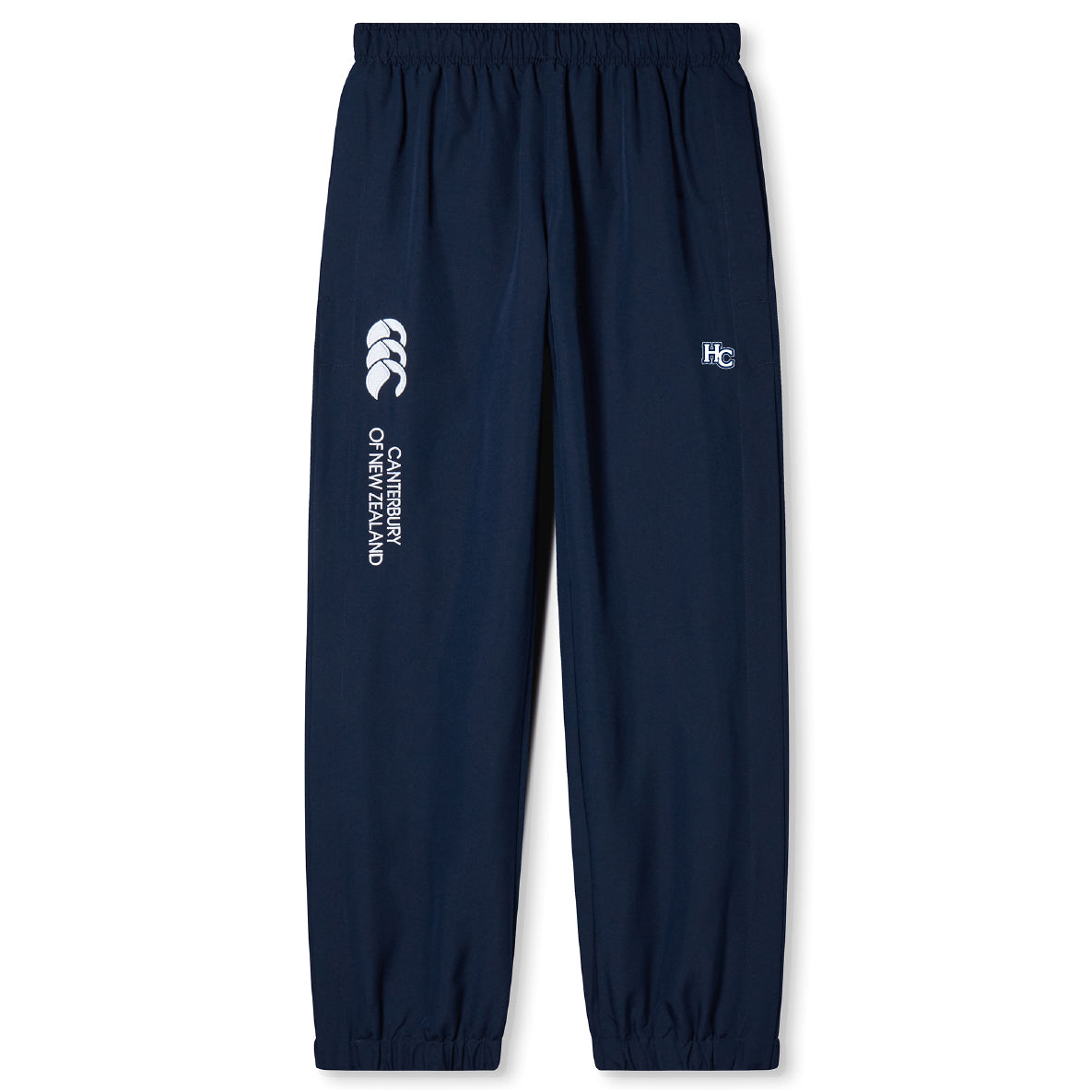The Holy Cross Cuffed Hem Stadium Pant by EMB Canterbury features an elastic waist, cuffed hem, and logos on the left leg—ideal rugby pants for training or casual wear.