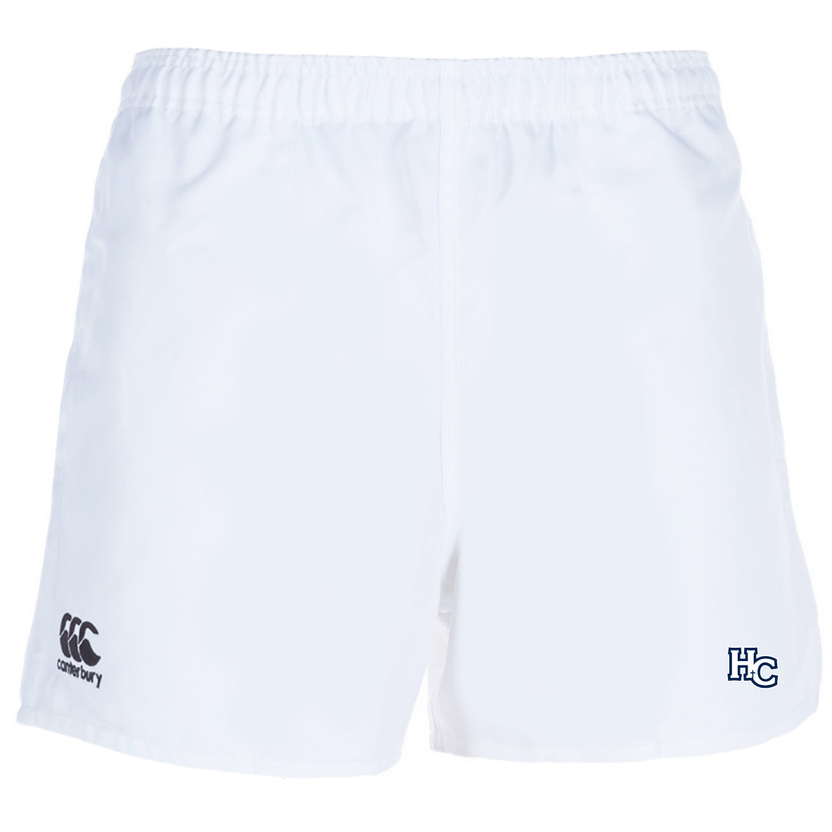 The Holy Cross Advantage Rugby Shorts by EMB Canterbury feature an elastic waistband, the Canterbury logo on the left leg, and an "HC" emblem on the right.