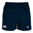 Holy Cross Advantage Rugby Shorts by EMB Canterbury—navy rugby shorts with elastic waistband, white Canterbury logo on the left leg, and “HC” emblem on the right. Durable design, ideal for training or matches.
