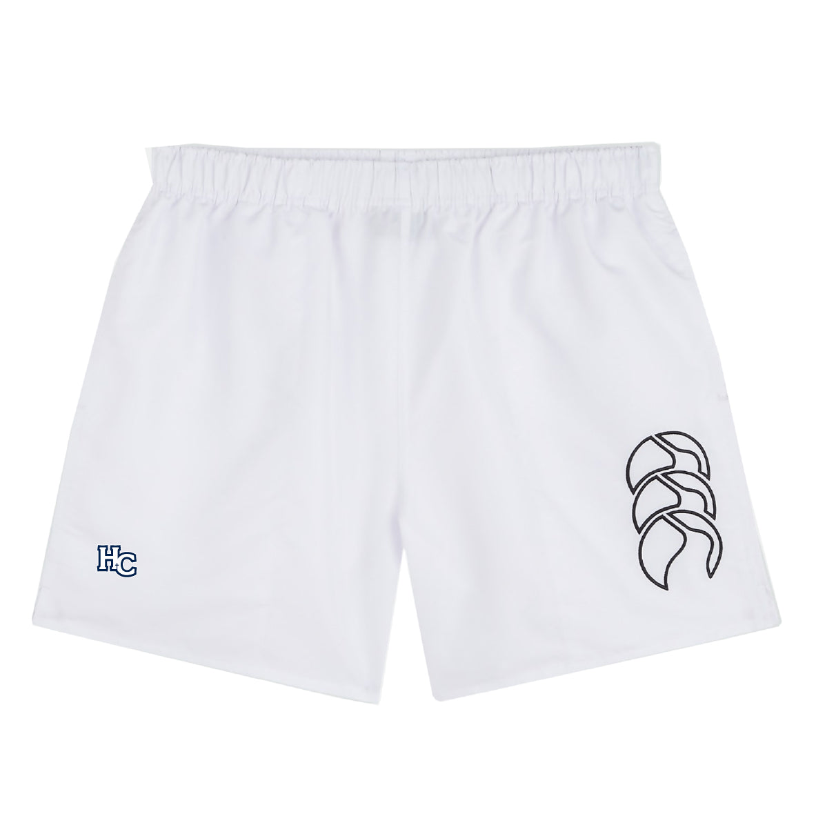 The Holy Cross Tactic Short by EMB Canterbury features an elastic waistband, a black outlined logo on the right leg, and a small blue "HC" logo on the left leg.