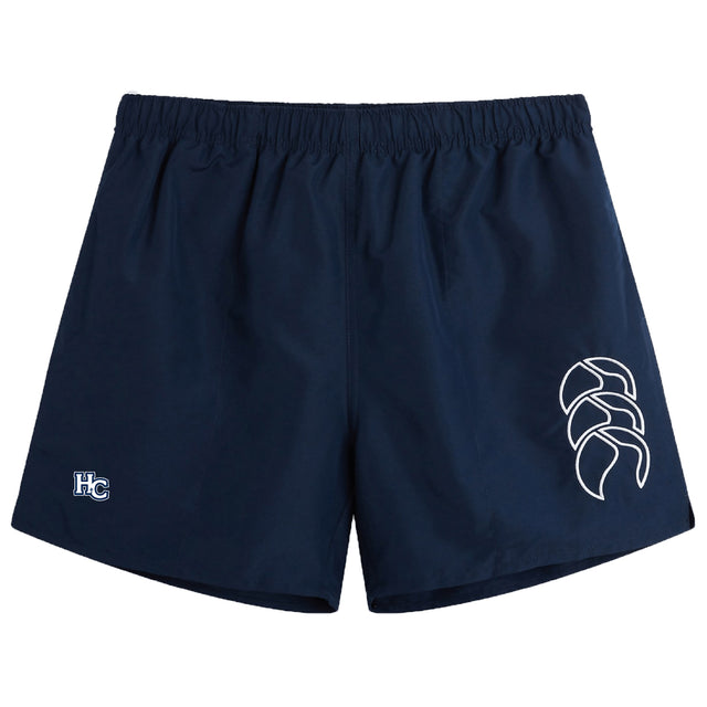 The Holy Cross Tactic Short by Canterbury features a navy design, elastic waistband, white geometric EMB Canterbury logo on the right leg, and "HC" on the left—ideal for rugby or any workout.