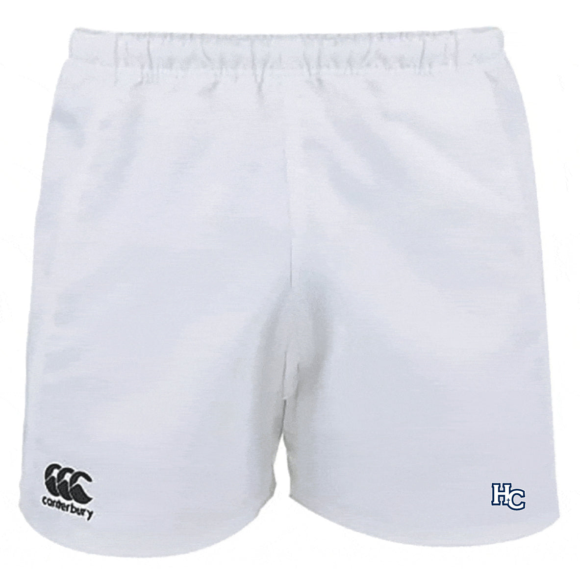 The Holy Cross Professional Polyester Rugby Short by EMB Canterbury features an elastic waistband, durable polyester fabric, the Canterbury logo on the left leg, and an "HC" emblem on the right leg.