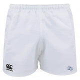 The Holy Cross Professional Polyester Rugby Short by EMB Canterbury features an elastic waistband, durable polyester fabric, the Canterbury logo on the left leg, and an "HC" emblem on the right leg.