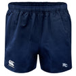 The Holy Cross Professional Polyester Rugby Short by EMB Canterbury features a navy blue design, elastic waistband, and durable polyester. White Canterbury and HC logos appear on the lower front legs—ideal for training or match day.