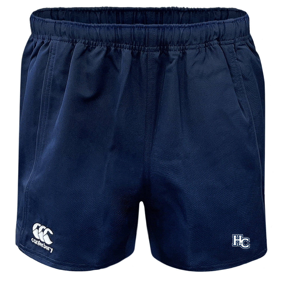 The Holy Cross Professional Polyester Rugby Short by EMB Canterbury features a navy blue design, elastic waistband, and durable polyester. White Canterbury and HC logos appear on the lower front legs—ideal for training or match day.