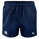 The Holy Cross Professional Polyester Rugby Short by EMB Canterbury features a navy blue design, elastic waistband, and durable polyester. White Canterbury and HC logos appear on the lower front legs—ideal for training or match day.