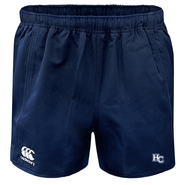 The Holy Cross Professional Polyester Rugby Short by EMB Canterbury features a navy blue design, elastic waistband, and durable polyester. White Canterbury and HC logos appear on the lower front legs—ideal for training or match day.