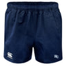 The Holy Cross Professional Polyester Rugby Short by EMB Canterbury features a navy blue design, elastic waistband, and durable polyester. White Canterbury and HC logos appear on the lower front legs—ideal for training or match day.