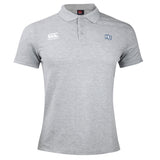 The Holy Cross Waimak Polo by Canterbury is a light grey short-sleeve rugby polo with a collar, featuring the EMB Canterbury logo on the right chest and an "HC" emblem on the left, inspired by the classic CCC Waimak Rugby Polo.