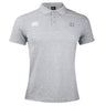 The Holy Cross Waimak Polo by Canterbury is a light grey short-sleeve rugby polo with a collar, featuring the EMB Canterbury logo on the right chest and an "HC" emblem on the left, inspired by the classic CCC Waimak Rugby Polo.