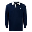 The EMB Mudoo Holy Cross Classic Long Sleeve Solid Rugby Jersey features a navy blue design with a white collar, partial button placket, and embroidered "HC" logo on the left chest for a timeless, classic look.