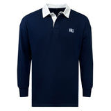 The EMB Mudoo Holy Cross Classic Long Sleeve Solid Rugby Jersey features a navy blue design with a white collar, partial button placket, and embroidered "HC" logo on the left chest for a timeless, classic look.