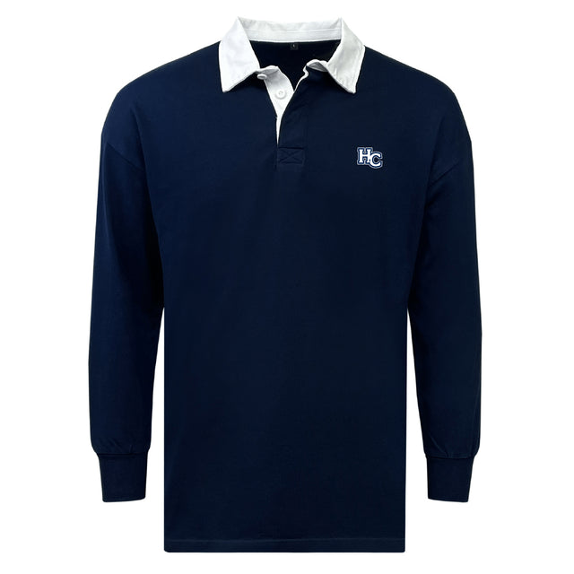 The EMB Mudoo Holy Cross Classic Long Sleeve Solid Rugby Jersey features a navy blue design with a white collar, partial button placket, and embroidered "HC" logo on the left chest for a timeless, classic look.