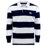 The EMB Mudoo Holy Cross Classic Long Sleeve Hooped Rugby Jersey features wide navy and white stripes, an "HC" chest logo, and delivers timeless style and comfort.