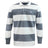 The Holy Cross Classic Long Sleeve Hooped Rugby Jersey by EMB Mudoo features broad white and grey stripes, a white collar, "HC" logo on the left chest, and timeless rugby shirt styling.
