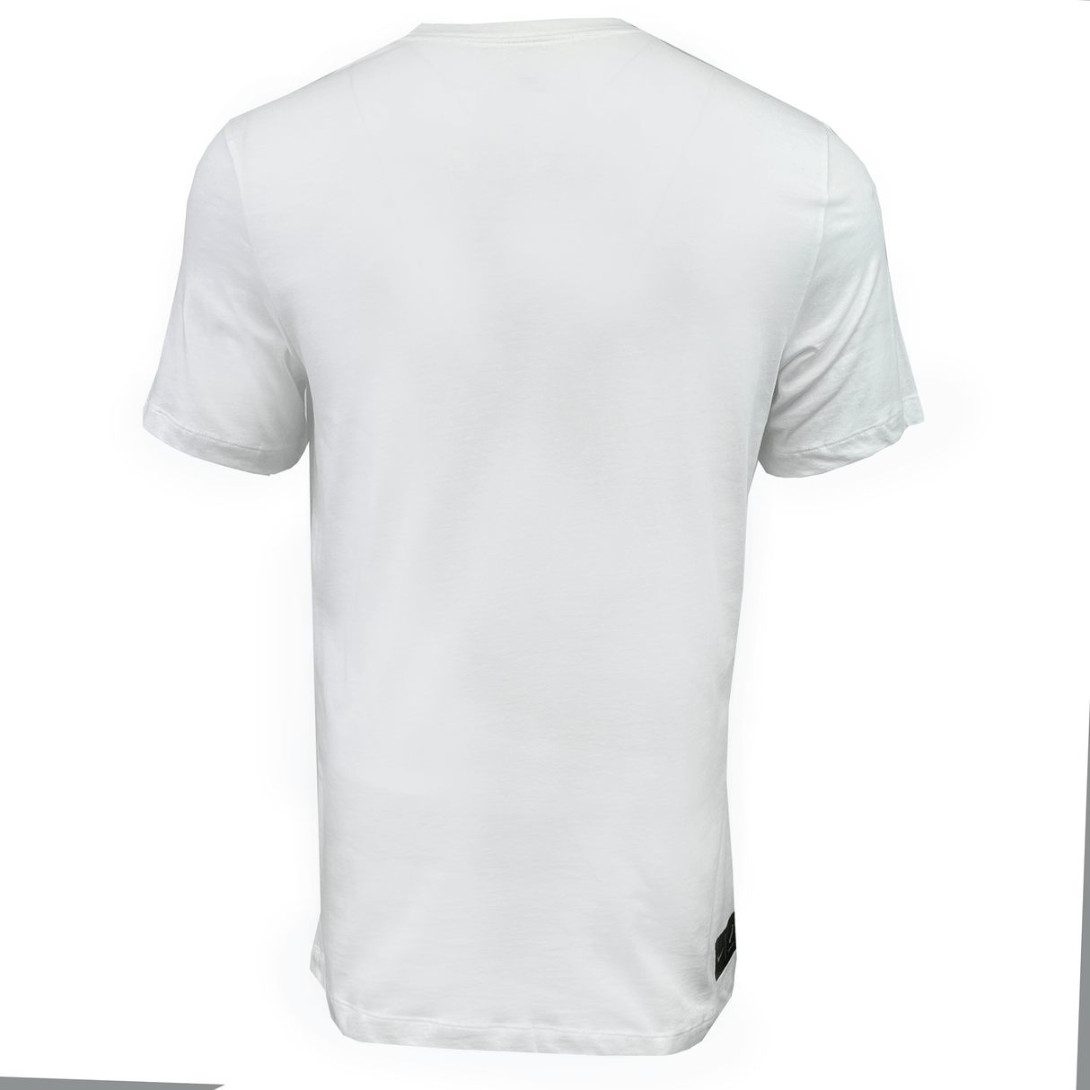 A plain white short-sleeve t-shirt is shown from the back, displaying a simple, unadorned design with a slight collar and a small black tag at the bottom—a perfect blank canvas for any Nike Springboks Graphic Tee collection.