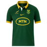 A green rugby jersey with yellow accents, featuring the "MTN" logo, a Springbok emblem, and a South African rugby team badge. This Springboks Stadium Home Jersey by Nike is perfect for fans who want to support their team in style.