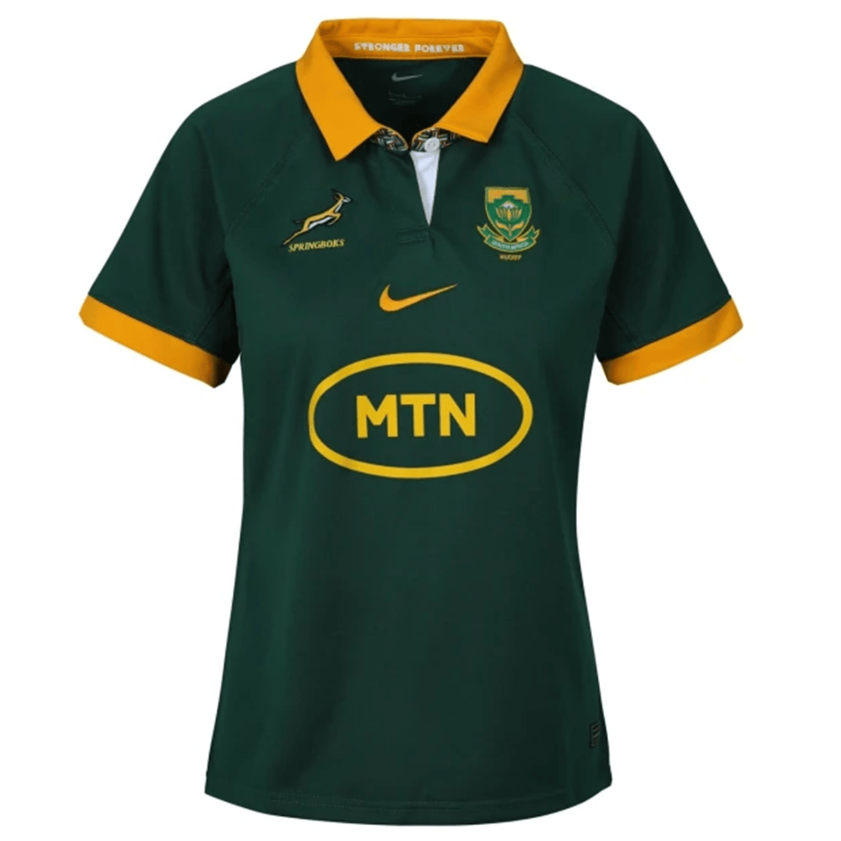 The Women's Springboks Replica Home Jersey by Nike is green and yellow, featuring the iconic "Springbok" logo and "MTN" sponsor. The Nike logo ensures style and authenticity, making it a perfect choice for women wanting to support the team.