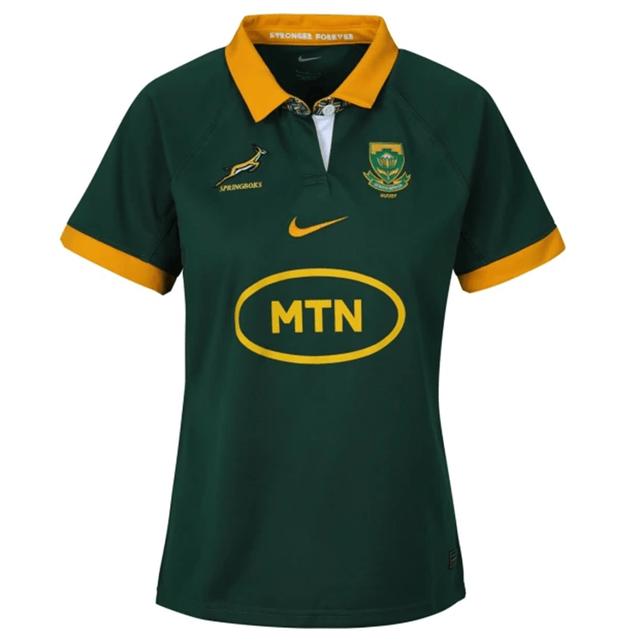 The Women's Springboks Replica Home Jersey by Nike is green and yellow, featuring the iconic "Springbok" logo and "MTN" sponsor. The Nike logo ensures style and authenticity, making it a perfect choice for women wanting to support the team.