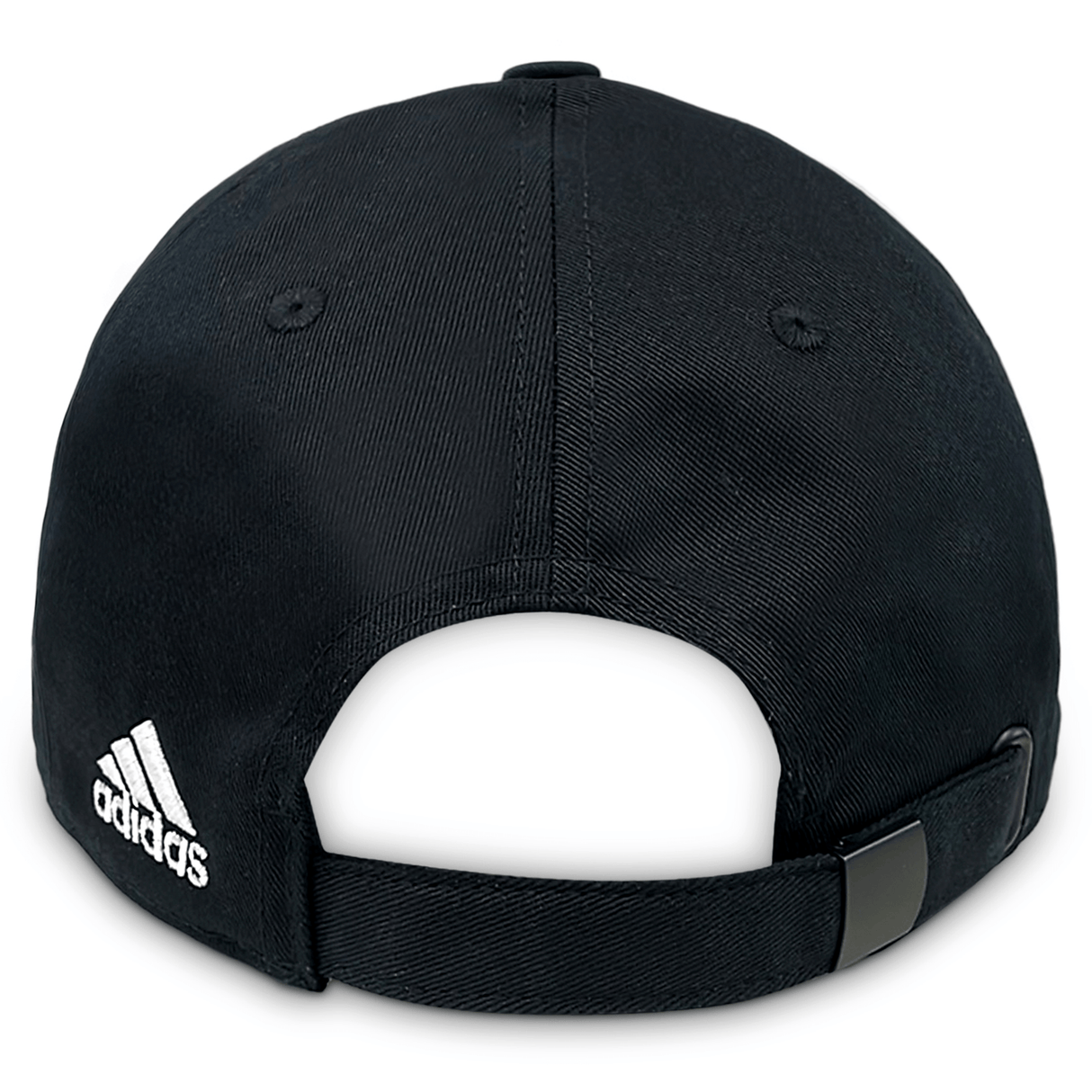 Back side of black adjustable rugby cap with white adidas logo on bottom left of opening.