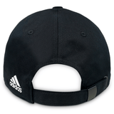 Back side of black adjustable rugby cap with white adidas logo on bottom left of opening.