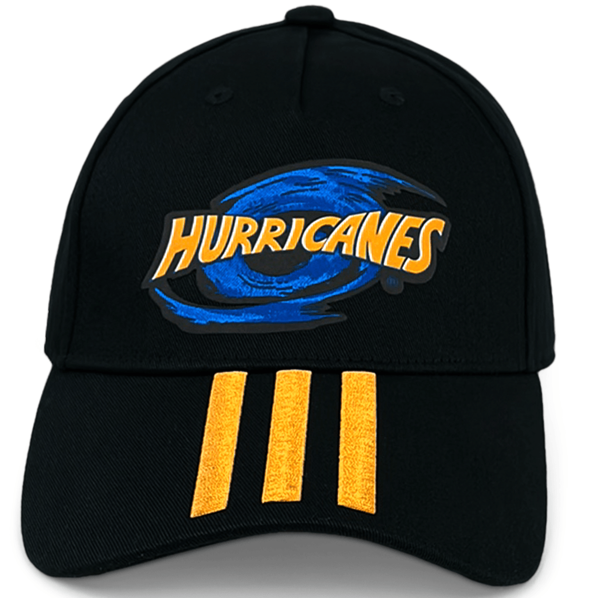 Black cap with three yellow stripes on the bill and Hurricanes logo on the front center.