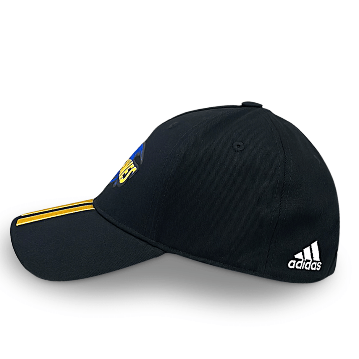Left side of black Hurricanes cap with white adidas logo on back.