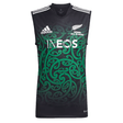 Support the team with the Maori All Blacks Performance Singlet by adidas, a black sleeveless jersey adorned with green Maori-inspired patterns. Featuring AEROREADY technology for maximum comfort, it showcases the adidas Rugby and INEOS logos along with "Maori All Blacks" text.
