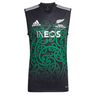 Support the team with the Maori All Blacks Performance Singlet by adidas, a black sleeveless jersey adorned with green Maori-inspired patterns. Featuring AEROREADY technology for maximum comfort, it showcases the adidas Rugby and INEOS logos along with "Maori All Blacks" text.