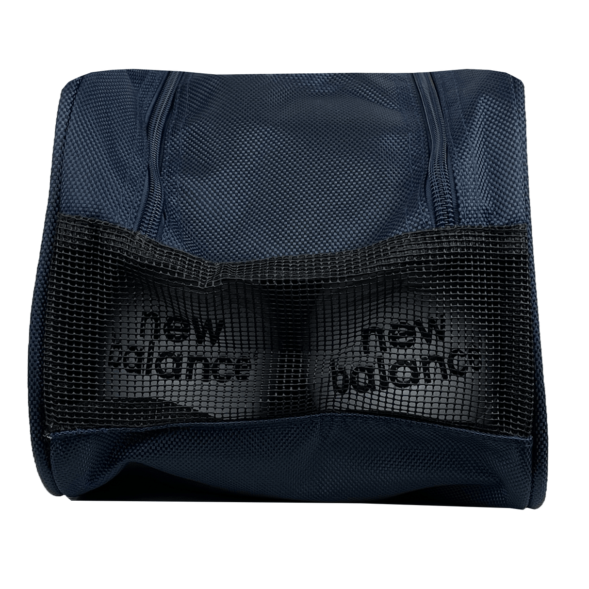 A Highlanders Super Rugby Zipper Boot Bag by DryWorld in navy blue mesh, containing two gray New Balance shoes with the brand's logo visible.