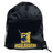 A Highlanders Super Rugby Drawstring Bag by DryWorld, in black, showcases a "Highlanders" logo with an armored figure holding a sword and shield, crafted from durable, water-resistant fabric.