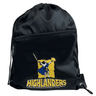 A Highlanders Super Rugby Drawstring Bag by DryWorld, in black, showcases a "Highlanders" logo with an armored figure holding a sword and shield, crafted from durable, water-resistant fabric.