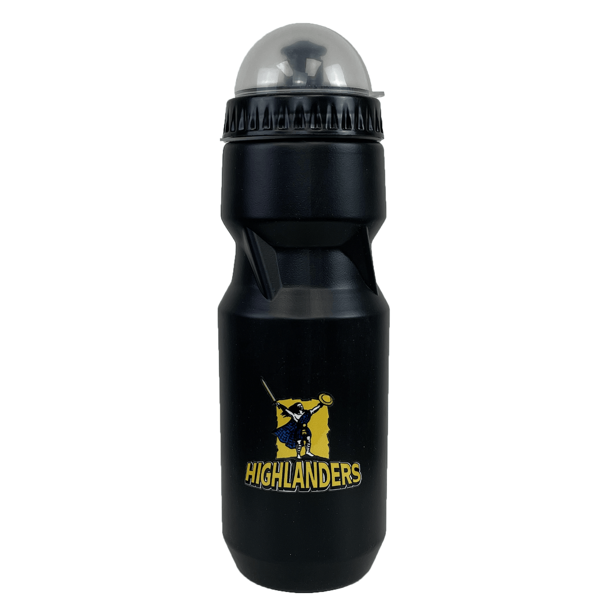 A stylish DryWorld Highlanders Super Rugby Water Bottle featuring a sleek black design and a clear cap, adorned with the "Highlanders" logo displaying a figure holding a staff and shield.