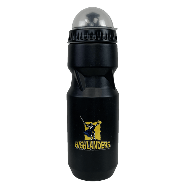 A stylish DryWorld Highlanders Super Rugby Water Bottle featuring a sleek black design and a clear cap, adorned with the "Highlanders" logo displaying a figure holding a staff and shield.