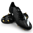 A pair of black soccer cleats with white stripes and gold studs, one positioned upright and the other lying on its side, showcasing the studded sole. These adidas adizero RS15 Pro SG 23 - Core Black/White/Carbon cleats are ideal for rugby on soft ground.