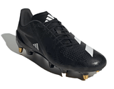 The adidas adizero RS15 Pro SG 23 in Core Black/White/Carbon features a sleek black design with white accents and gold-tipped studs for optimal athletic performance. Crafted from recycled materials, this cleat ensures sustainability without compromising on quality.