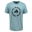 Round neck short sleeve blue tshirt with All Blacks Adidas Rugby circled in the center of the shirt.