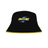 The Hurricanes Super Rugby Bucket Hat 24 by Classic Sportswear is a black hat adorned with the word "HURRICANES" and a stylized hurricane logo in the center. It features a yellow trim along the edge of the brim, making it perfect for showing your support during the Hurricanes Super Rugby 2024 season.