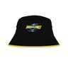 The Hurricanes Super Rugby Bucket Hat 24 by Classic Sportswear is a black hat adorned with the word "HURRICANES" and a stylized hurricane logo in the center. It features a yellow trim along the edge of the brim, making it perfect for showing your support during the Hurricanes Super Rugby 2024 season.