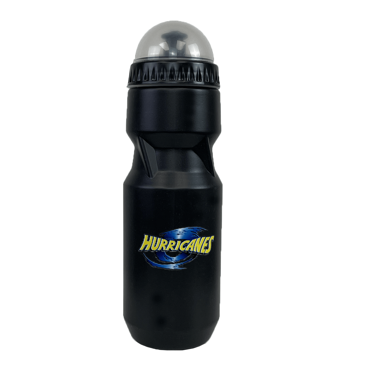 A black Hurricanes Super Rugby Water Bottle by DryWorld, featuring a clear, dome-shaped top and the "Hurricanes" logo on the front.