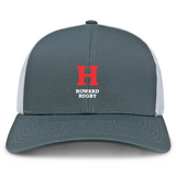 The Howard University Retro Trucker Cap by EMB S&S Activewear features gray and white styling, a red "H" with "HOWARD RUGBY" embroidered on the front, and an adjustable polyester-cotton snapback closure for comfort.