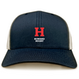 The Howard University Retro Trucker Cap by EMB S&S Activewear is a navy and white cap made of polyester-cotton, featuring a red "H" and "Howard Rugby" on the front, with a snapback closure for comfort.