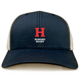 The Howard University Retro Trucker Cap by EMB S&S Activewear is a navy and white cap made of polyester-cotton, featuring a red "H" and "Howard Rugby" on the front, with a snapback closure for comfort.