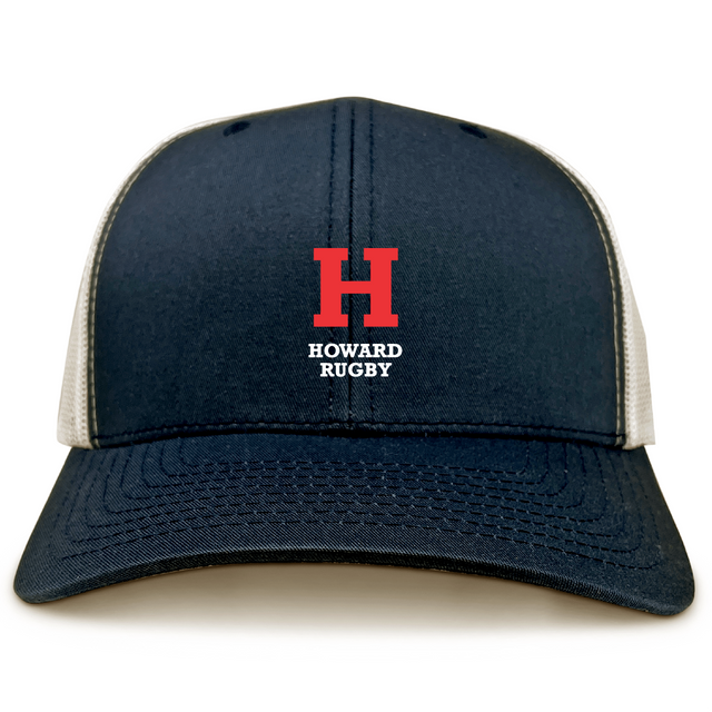 The Howard University Retro Trucker Cap by EMB S&S Activewear is a navy and white cap made of polyester-cotton, featuring a red "H" and "Howard Rugby" on the front, with a snapback closure for comfort.
