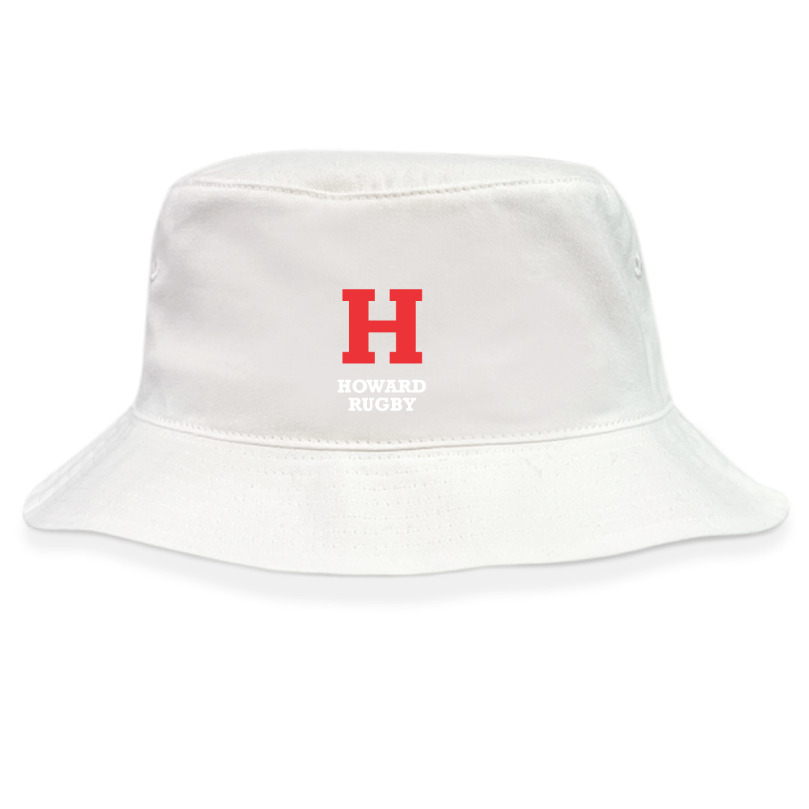 The Howard University Crusher Bucket Cap by EMB S&S Activewear is made from white cotton twill and features a red "H" with "HOWARD RUGBY" on the front, combining classic style with sun protection.