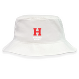 The Howard University Crusher Bucket Cap by EMB S&S Activewear is made from white cotton twill and features a red "H" with "HOWARD RUGBY" on the front, combining classic style with sun protection.