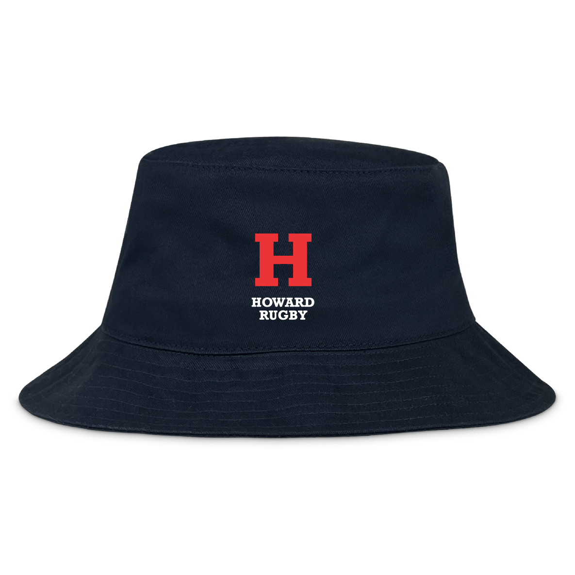 The Howard University Crusher Bucket Cap by EMB S&S Activewear is a navy cotton twill hat with a bold red "H" and "Howard Rugby" in white on the front, combining style and sun protection.