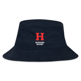 The Howard University Crusher Bucket Cap by EMB S&S Activewear is a navy cotton twill hat with a bold red "H" and "Howard Rugby" in white on the front, combining style and sun protection.